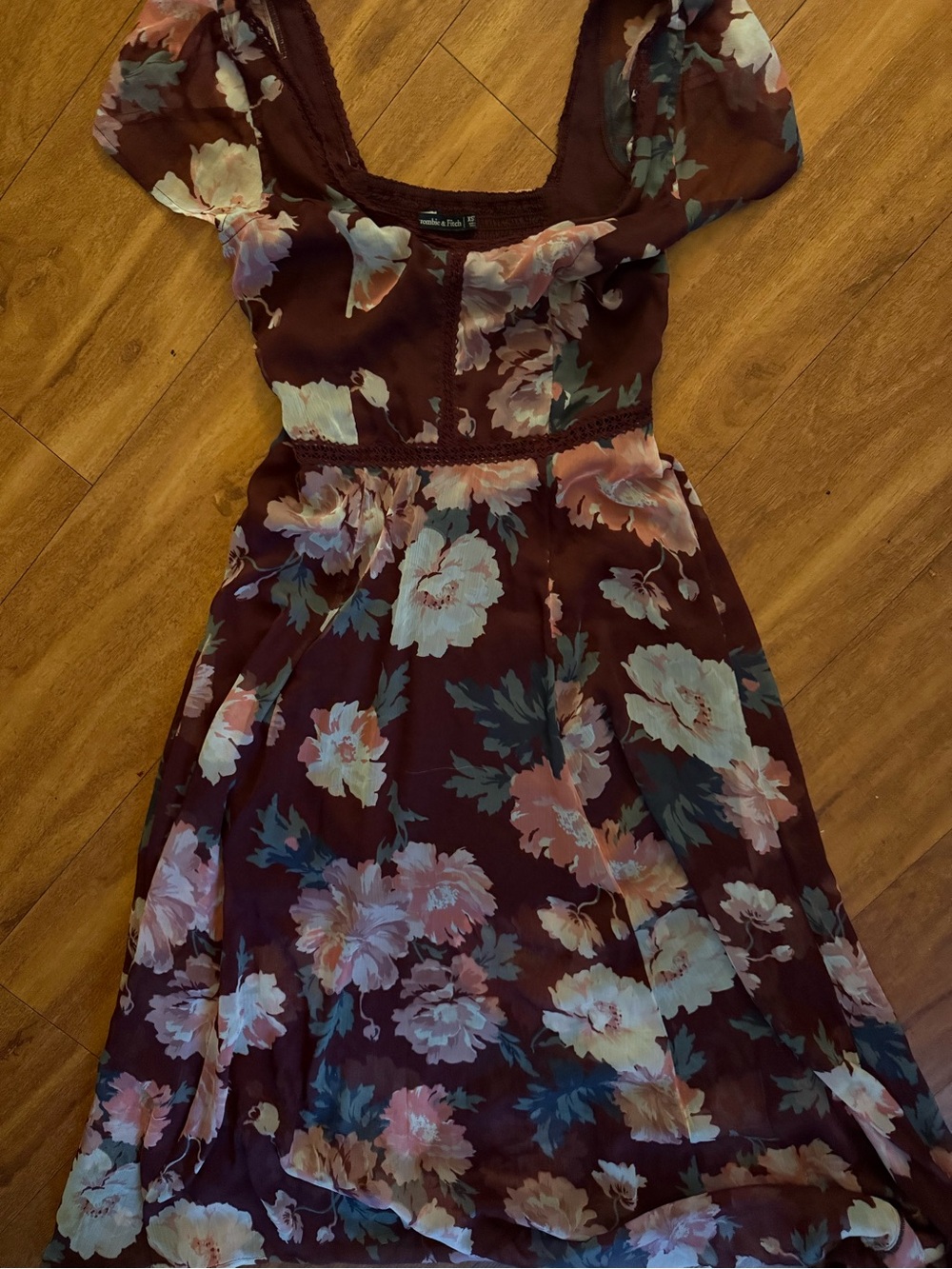 Abercrombie and Fitch Burgundy A-Line Dress with florals Midi